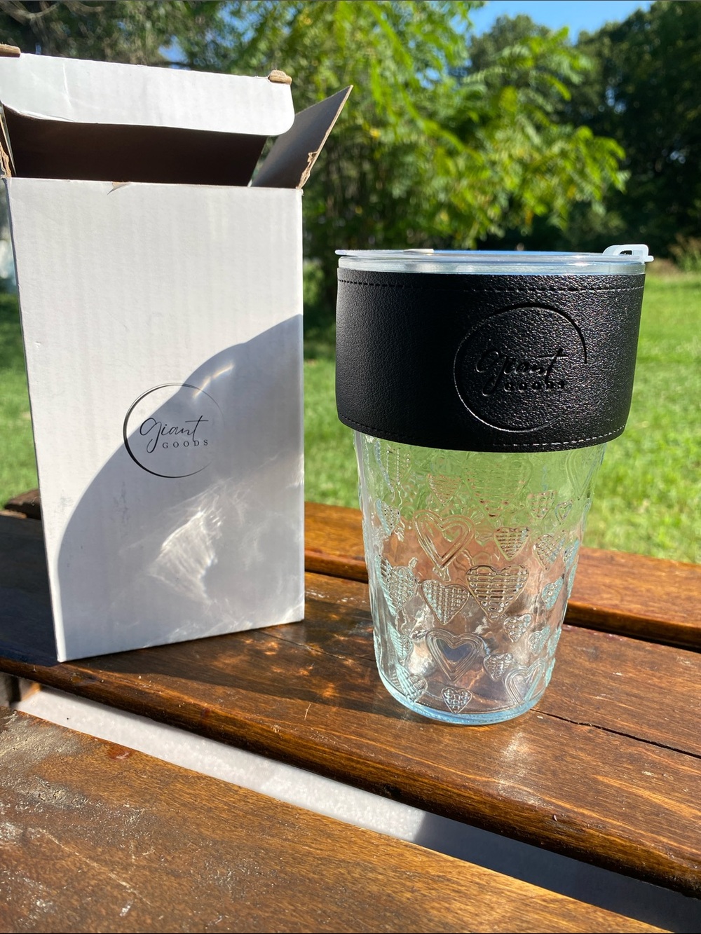 Giant Goods Heart-Embossed Glass Travel Tumbler Faux-Leather Insulating Sleeve